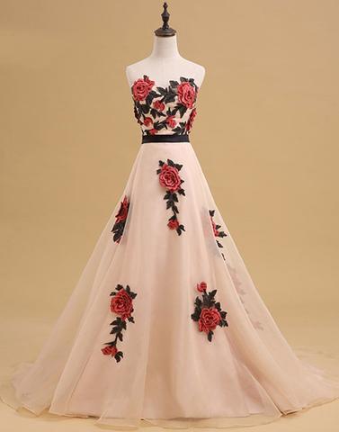 Strapless A-line Flower Appliques Long Prom Dress