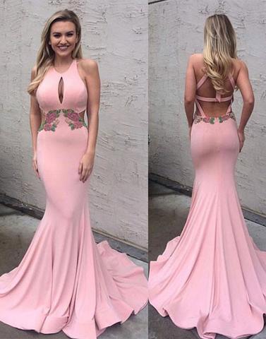pink mermaid open back halter long formal evening dress, PD8372