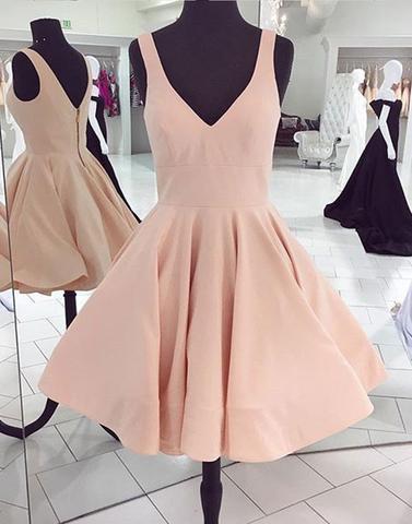 blush pink simple short A-line satin homecoming dresses for girls, BD3889