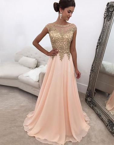 cap sleeves appliques chiffon blush pink long prom dress, PD9679