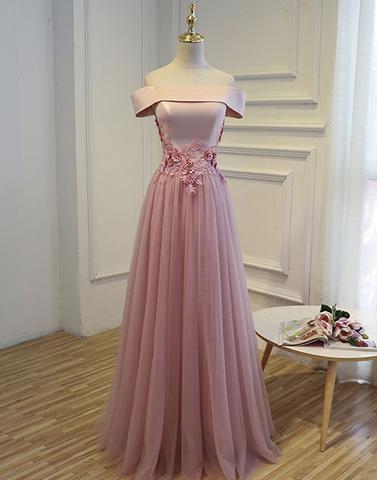 off shoulder pink long tulle A-line prom dresses, PD1500