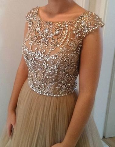 charming cap sleeves tulle beaded long prom dress, PD9977