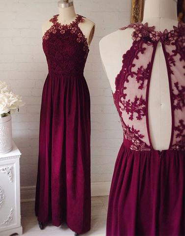Burgundy halter round neck lace long evening dresses, PD7684