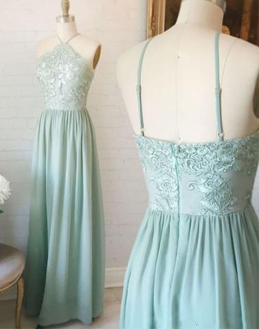 sage green long lace top chiffon prom dress, PD5698