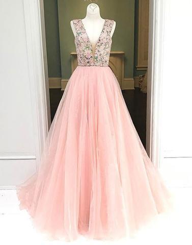 pink A Line long tulle v-neck beaded prom dress, PD2121