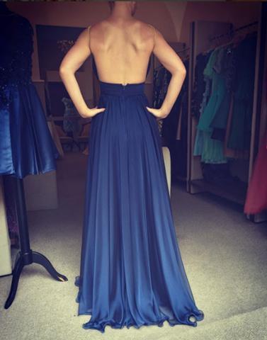 blue chiffon long backless v-neck prom dresses, PD815