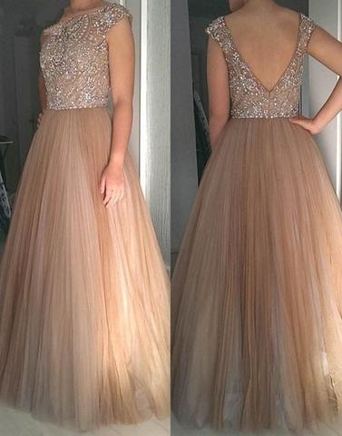 charming cap sleeves tulle beaded long prom dress, PD9977