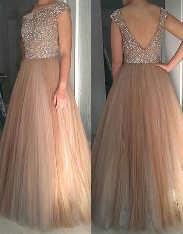 charming cap sleeves tulle beaded long prom dress, PD9977