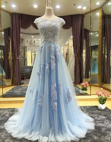 light blue lace appliques tulle A-line cap sleeves charming prom dress, PD1471