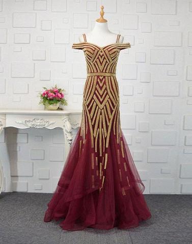 formal spaghetti straps off shoulder mermaid red sparkle beaded long prom dress, PD6564