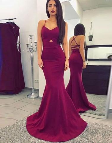 spaghetti straps elegant mermaid burgundy long evening dress, PD7681