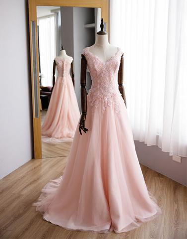 cap sleeves light pink v-neck long prom dress, PD9977