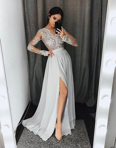 gray v-neck long sleeves side slit long prom dress, PD2576