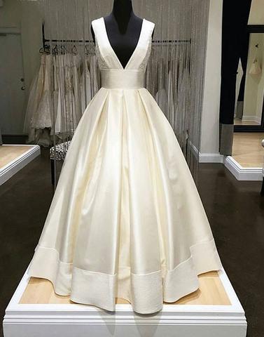 white v-neck long simple satin A-line prom dress, PD1467