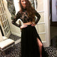 two pieces black lace top long sleeves side slit long prom dress, PD553