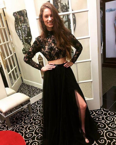 two pieces black lace top long sleeves side slit long prom dress, PD553