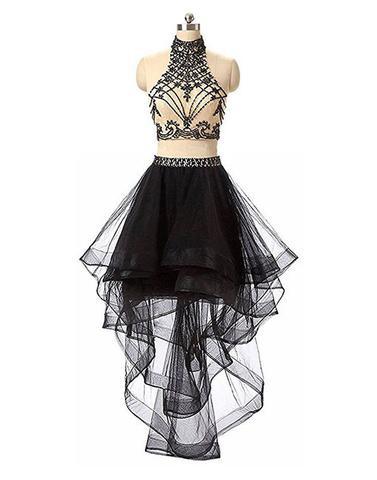 high neck beaded hi-lo black two pieces party prom dress, PD9978
