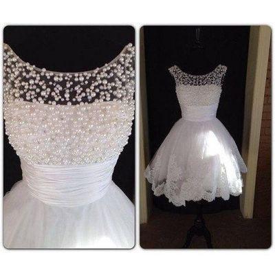 white short homecoming dress for girls with pearls, prom dress, BD39772