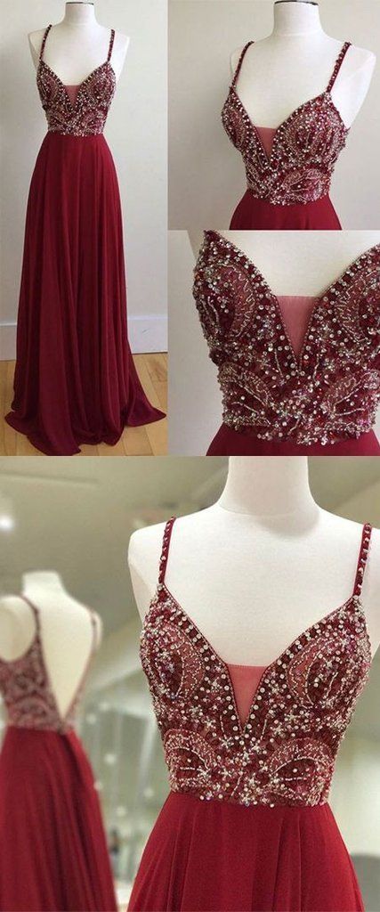 spaghetti straps burgundy chiffon beaded long prom dress, PD4580