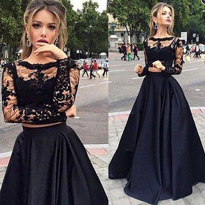 A Line long sleeves black lace two-piece Party Dress, charming evening dresses for party, BD117