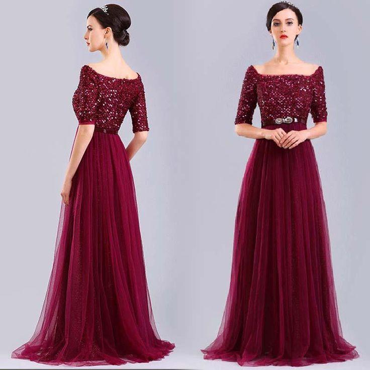 burgundy long off shoulder tulle sequin top prom dresses with sleeves, PD5670