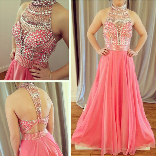 high neck peach chiffon beaded long prom dresses, PD9673