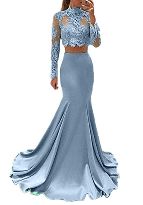 two pieces lace top long sleeves mermaid prom dress, BD7680