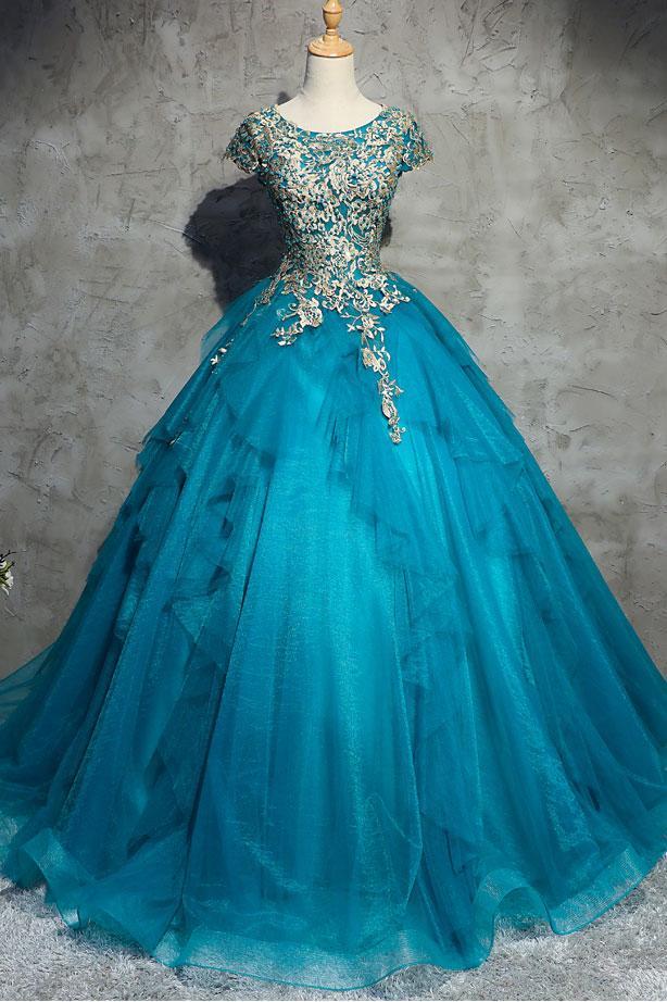 formal short sleeves A-line blue long prom dress, PD7863