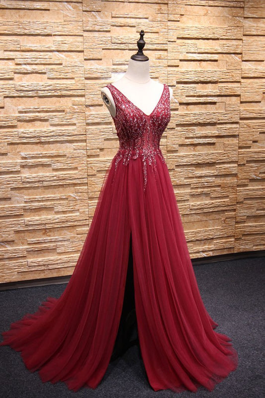 v-neck burgundy side slit long prom dress, PD2138