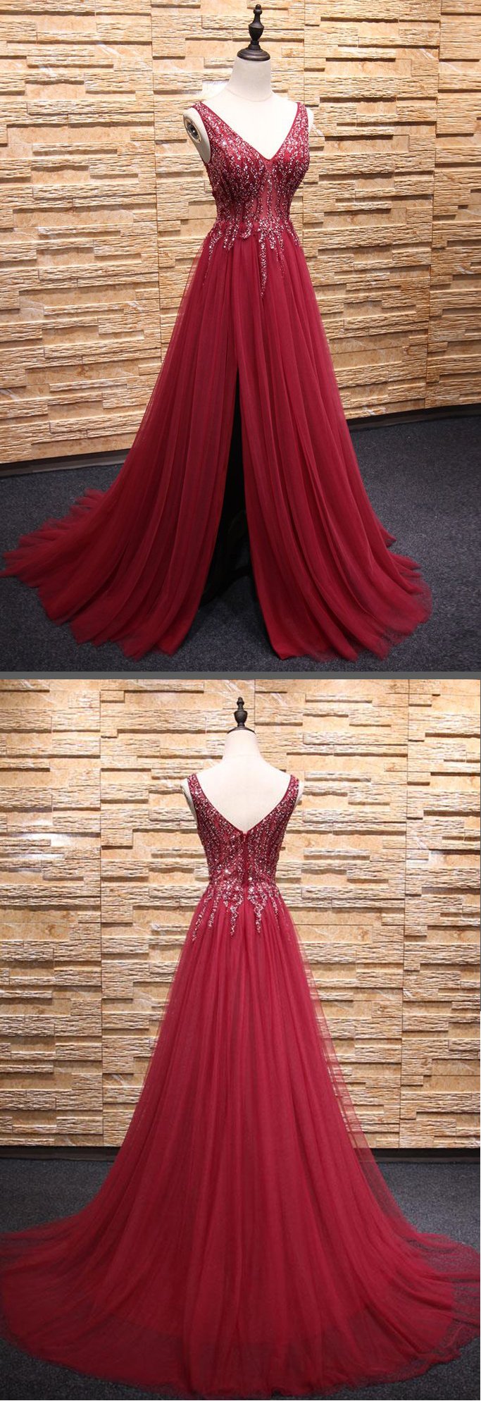 v-neck burgundy side slit long prom dress, PD2138