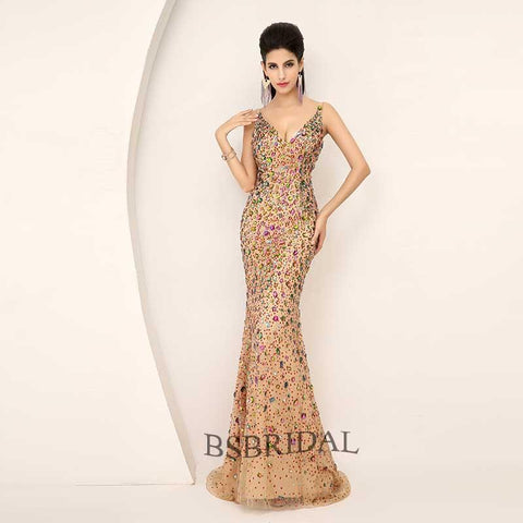 gold beaded mermaid formal long prom dress, AJ016
