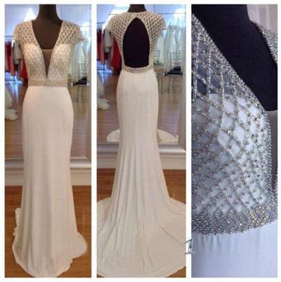 white prom dress, long prom dress, cap sleeves prom dress, open back prom dress, mermaid evening dress, BD35