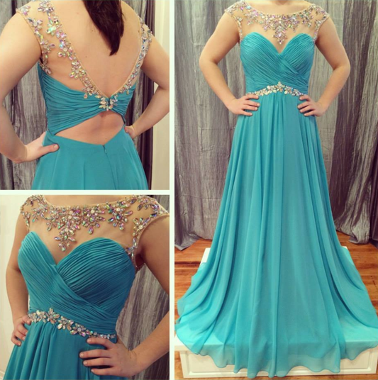 cap sleeves beaded blue chiffon long prom dresses, PD9671