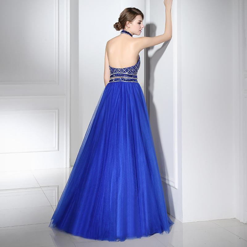 2 Pieces Royal Blue Long Prom Dresses Beaded A-Line Evening Dresses Halter Backless Formal Dresses