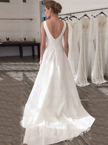 A-Line Illusion Bateau Satin V-Back Wedding Dress, PD221027