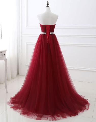 Long Burgundy A-line Tulle Prom Dresses with Sweetheart, PD5874