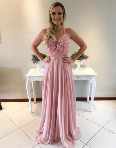 pink chiffon spaghetti straps long chiffon prom dress, PD45687