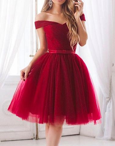 A-line off shoulder red tulle lovely homecoming dresses, HD967