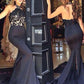 formal mermaid halter black lace long prom dress, PD8527