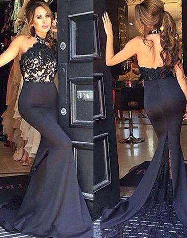 formal mermaid halter black lace long prom dress, PD8527