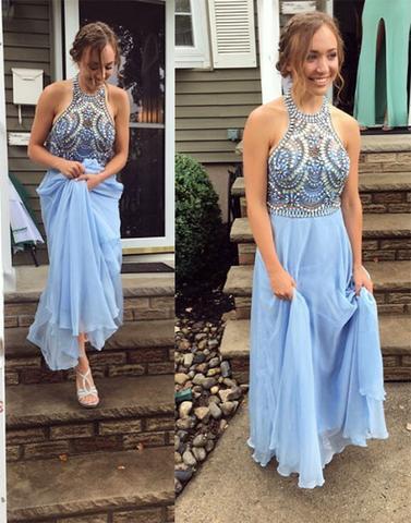 light blue beaded top halter chiffon prom dress, evening gown, PD45685
