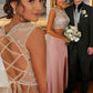 dusty pink two pieces beaded top long side slit prom dress , PD1293