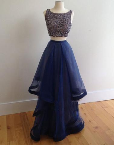 blue two pieces beaded top prom dress, prom gown, PD45681