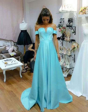 blue off shoulder satin long prom dress, elegant evening dresses, PD45688