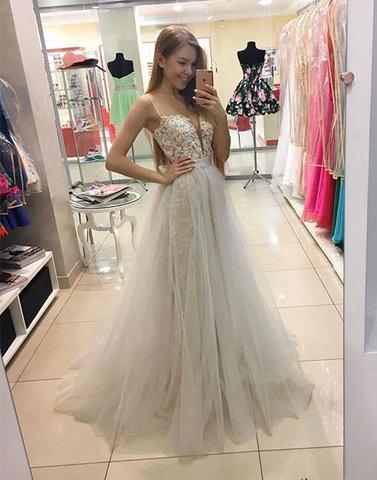 light gray tulle lace appliques top long prom dress, PD1303