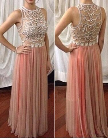 blush pink tulle long see through back prom dresses , PD1292