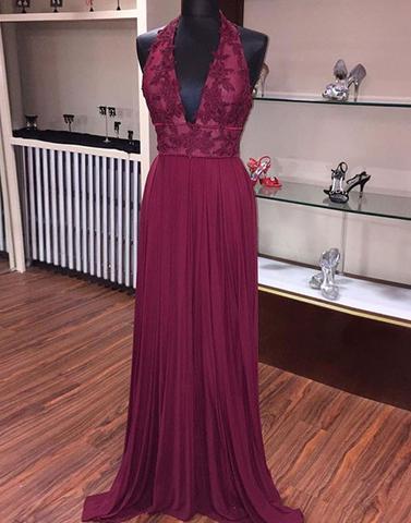 halter v-neck burgundy formal long prom dress, PD2779