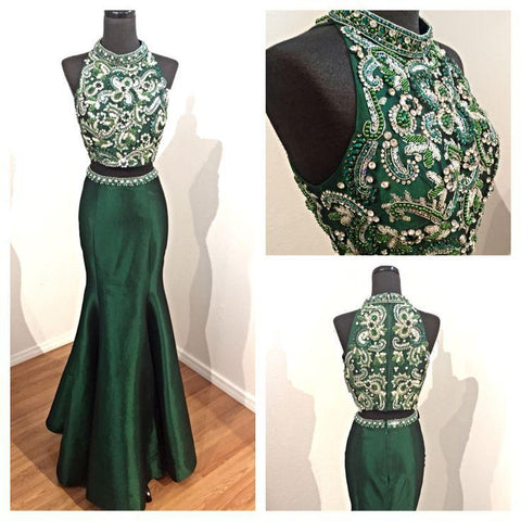 two-pieces mermaid beaded formal green long prom dress, PD8852