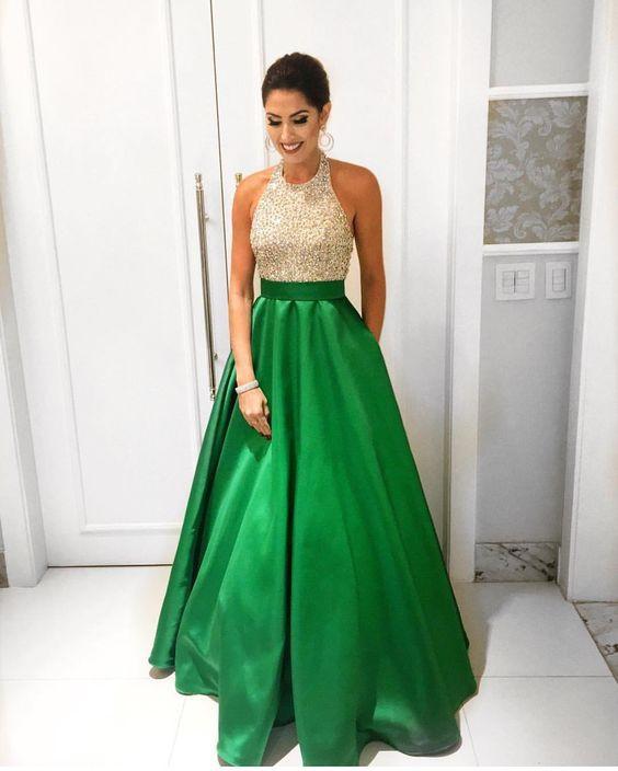 green prom dress, beaded prom Dress, A-line prom dress, charming prom dress, halter prom dress, BD393