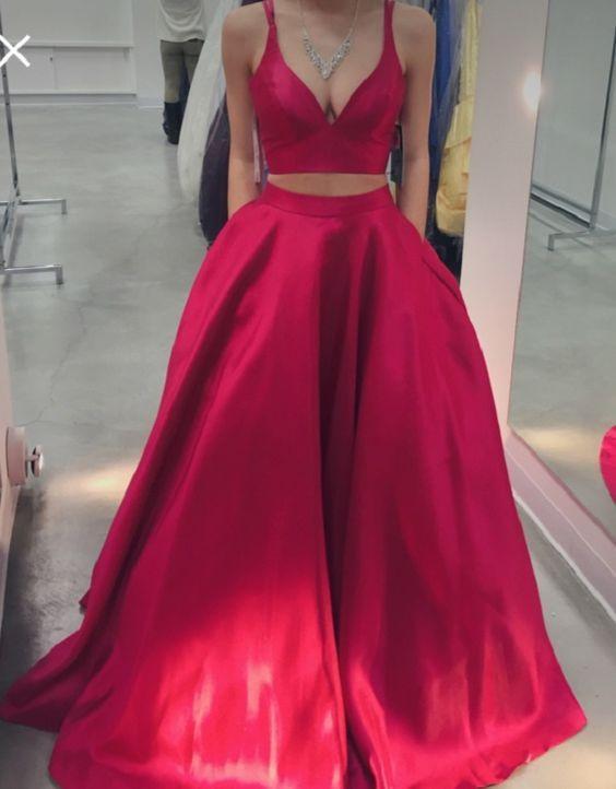 red prom dress, long prom dress, two-pieces prom dress, A-line evening dress, prom dress, BD492